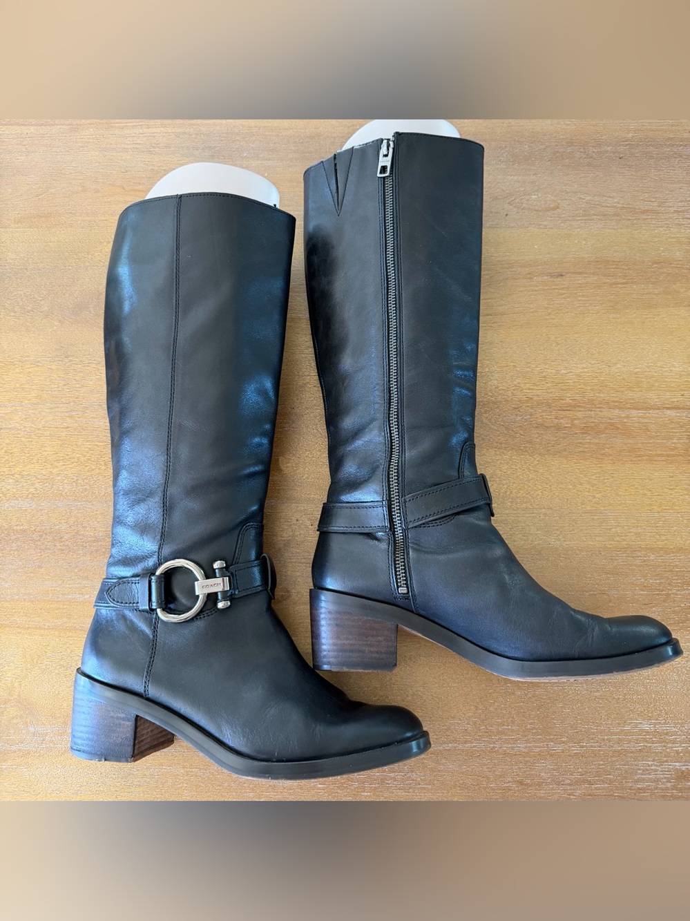 Coach Black Leather Mid-Calf Boots with Signature Ring